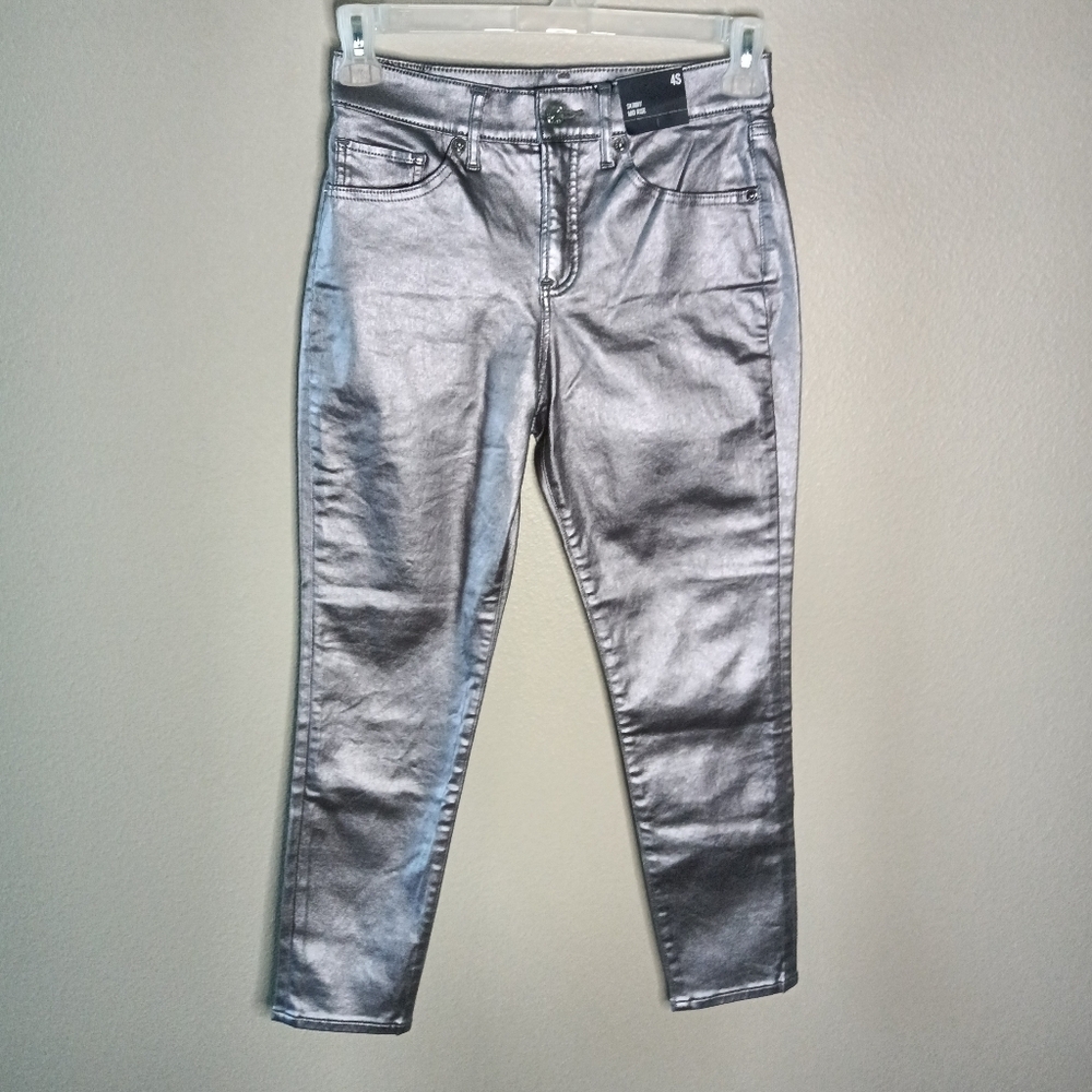 🦋 Express Skinny High Rise Metallic Jeans Silver Ankle Stretch Pockets  4S NWT